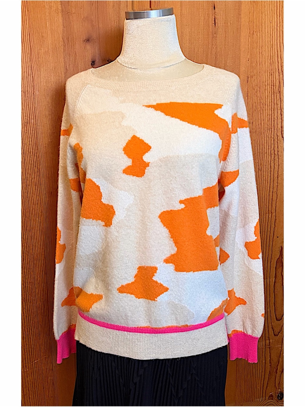 Brodie Cashmere Cream Sweater with Orange Abstract Pattern and Pink Trim